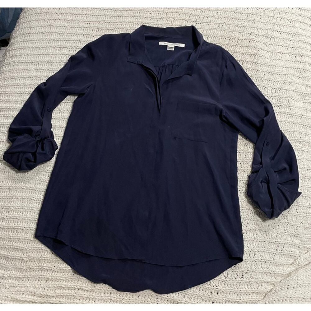 Diane Von Furstenburg Long Sleeve Button Top Blouse Womens Sz 4 Silk Blue *Flaw